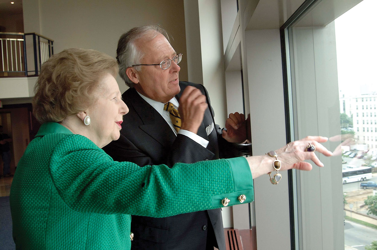 Ed Feulner on a tour of The Heritage Foundation in 2003 with former British Prime Minister Margaret Thatcher. (Photo courtesy of The Heritage Foundation)