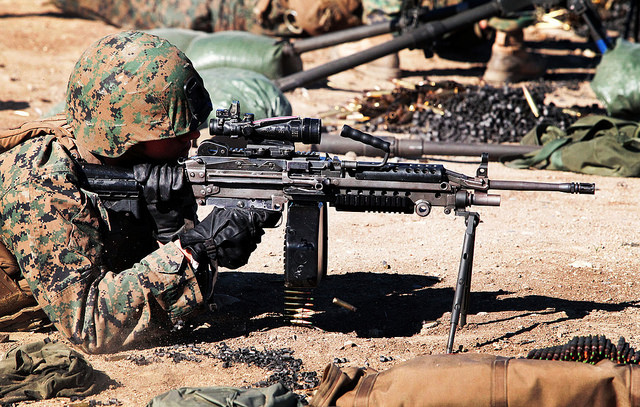 Lance Cpl. Daniel Vitellaro with 1st Combat Engineer Battalion, fires an M249 light machine gun during a two-week machine gunners course at Marine Corps Base Camp Pendleton, Calif., Jan. 15. The course taught Marines how to effectively operate machine guns in combat scenarios. (Photo: Lance Cpl. Joshua Murray/Released)