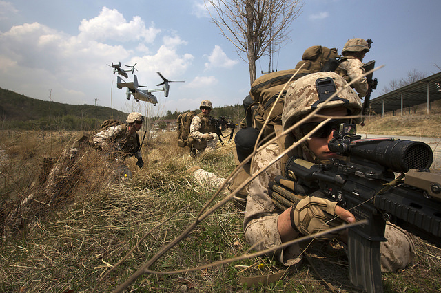 Marines with Fox Company, Battalion Landing Team, 2nd Marine Regiment, 3rd Battalion during Ssang Yong 14, at Old Army Tank Battalion, Pohang, South Korea. (Photo: Cpl. Sara A. Medina/Released)