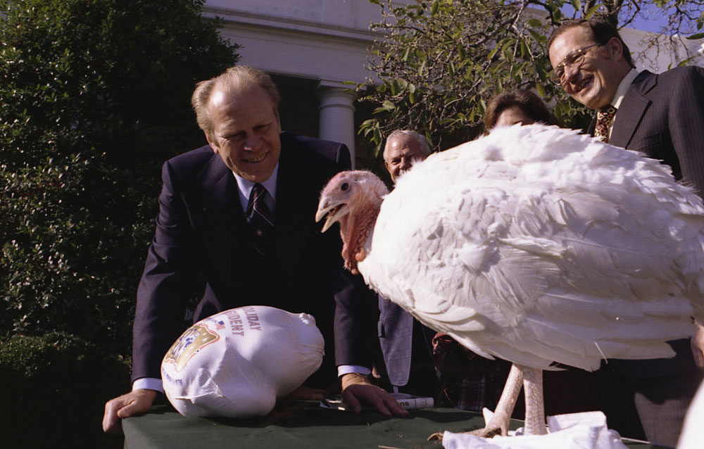 Gerald R. Ford is presented with a Thanksgiving turkey by the National Turkey Federation in 1975. (Photo:  Ford Presidential Library)
