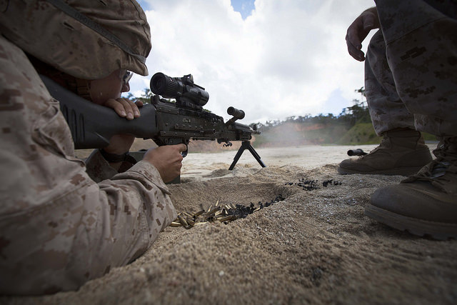 U.S. Marines with Combat Logistics Regiment (CLR) 37 conduct a live fire training sequence using the M240 Bravo Machine Gun on Camp Hansen, Okinawa, Japan. (Photo: Lance Cpl. Richard Currier/ Released)