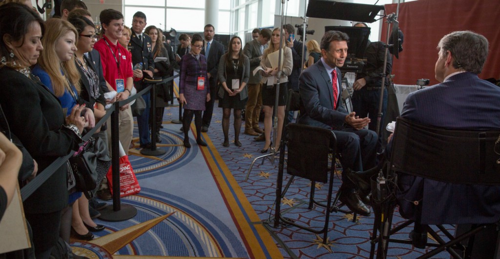 Sean Hannity interviews Louisiana Gov. Bobby Jindal during the Conservative Political Action Conference at the Gaylord National Conference Center in Maryland. (Photo: Evelyn Hockstein/McClatchy DC/TNS/Newscom)