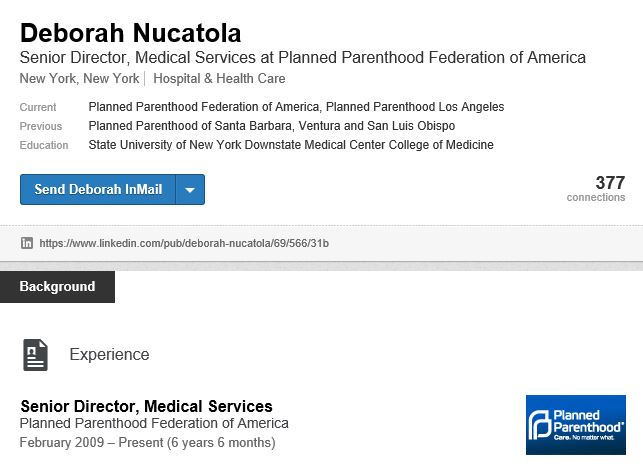 Screenshot of Deborah Nucatola's LinkedIn profile on 7/14/2015. 