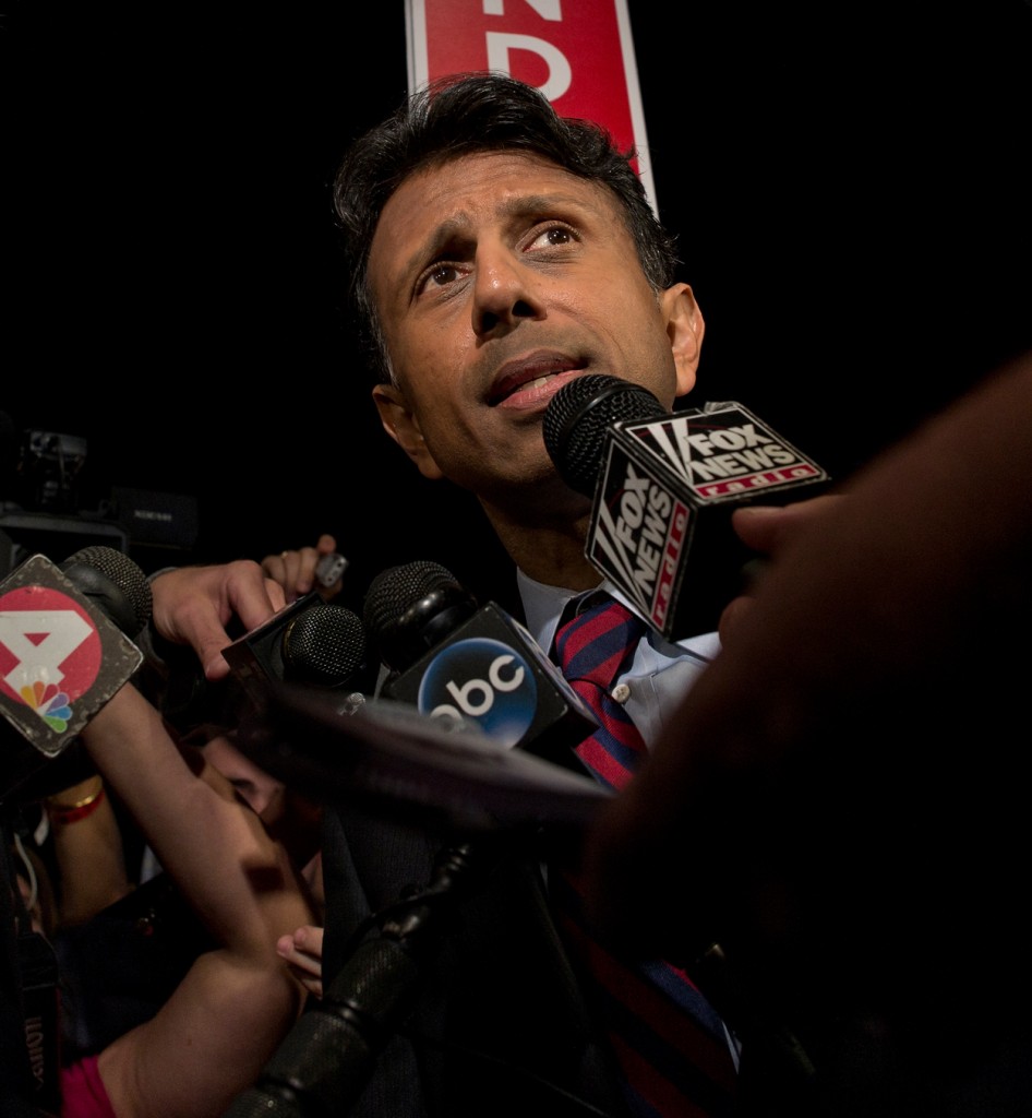 Louisiana Gov. Bobby Jindal answers questions in the spin room at the Quicken Loans Arena. (Photo: Brian Cahn/ZUMA Press/Newscom)