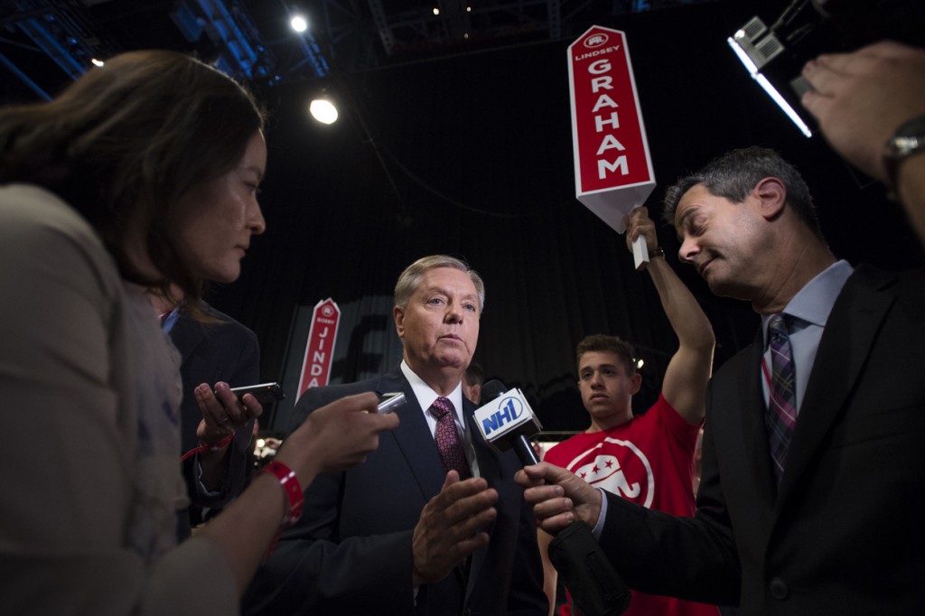 Sen. Lindsey Graham, R-S.C., speaks to the media in the spin room. (Photo: Kevin Dietsch/UPI/Newscom)