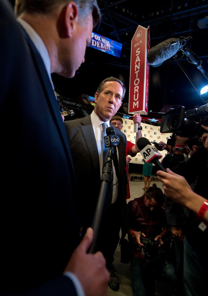 Candidates, including former Sen. Rick Santorum of Pennsylvania, use the media spin room following the first presidential debate. (Photo: Brian Cahn/ZUMA Press/Newscom)