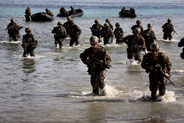 Philippine and U.S. Marines simulate a beach landing from combat rubber raiding crafts onto a small island off the coast of Palawan, Philippines. (Photo: gt. Anthony J. Kirby/Released)