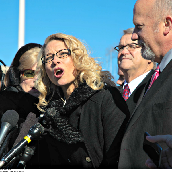 Rebecca Friedrichs, a California schoolteacher challenging union dominance, speaks with reporters Jan. 11 outside the Supreme Court after her case was heard. (Photo: Jeff Malet/SIPA/Newscom)