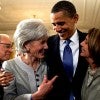 President Barack Obama on March 23, 2010 with Secretary of Health and Human Services Kathleen Sebelius and House Speaker Nancy Pelosi after signing the Affordable Care Act.  (Photo: Pete Souza/ZUMA Press/Newscom)