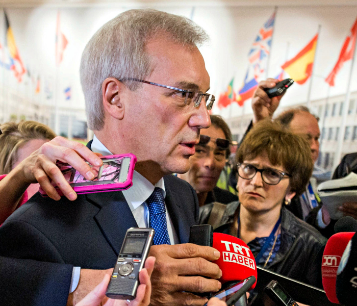 Alexander Grushko, Russia's ambassador to NATO, speaks to reporters after a meeting with NATO Secretary General Jens Stoltenberg at the alliance's headquarters in Brussels. (Photo: Stephanie Lecocq/EPA/Newscom) 