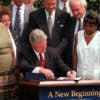 President Bill Clinton signs the Personal Responsibility and Work Opportunity Reconciliation Act at the White House, Aug. 22, 1996. (Photo: Chuck Kennedy/KRT/Newscom)