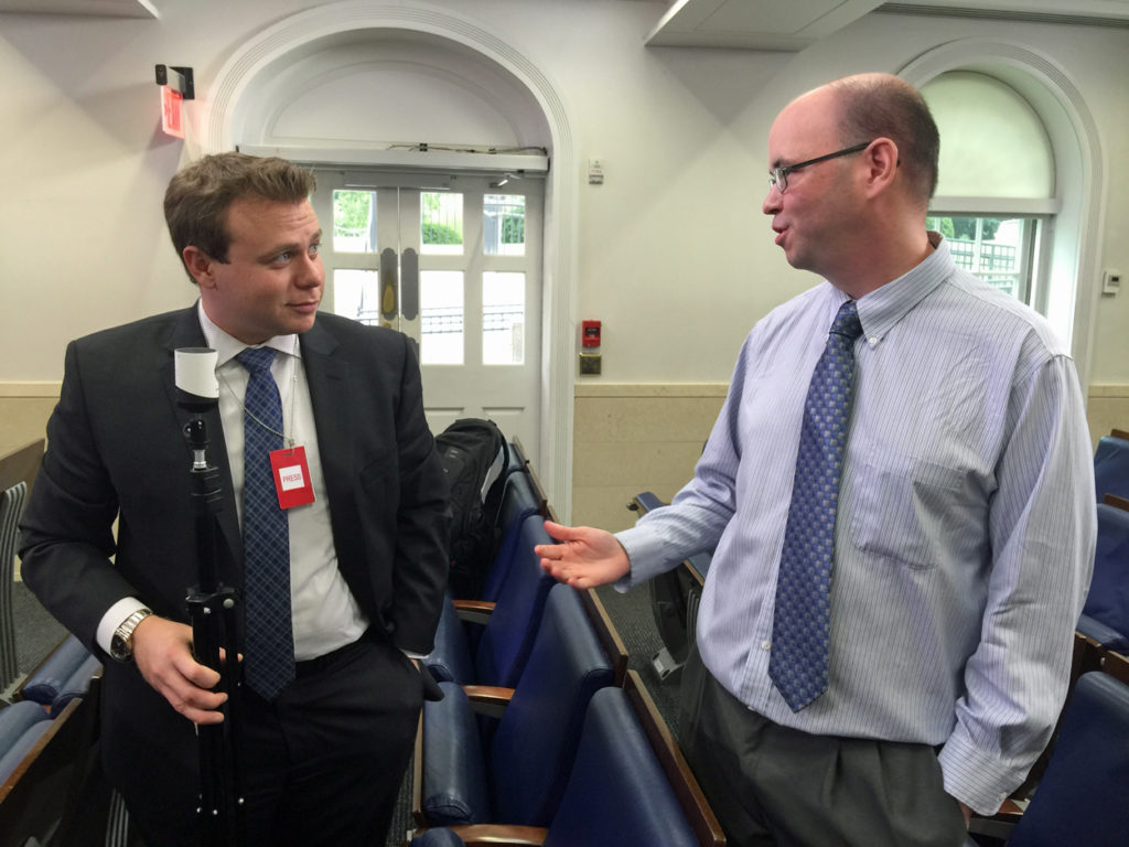The Daily Signal's Fred Lucas (right) and Michael Goodin at the White House. (Photo: Rob Bluey/The Daily Signal)