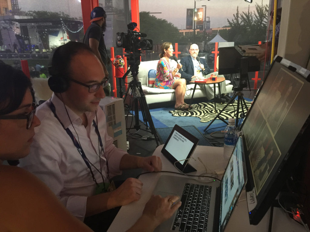 Facebook invited The Daily Signal to broadcast live from its studio at the Republican National Convention in Cleveland. On set, The Daily Signal's Genevieve Wood interviews Hot Air editor Ed Morrissey, as Heritage's Ory Rinat monitors from the control booth. (Photo: Rob Bluey/The Daily Signal)