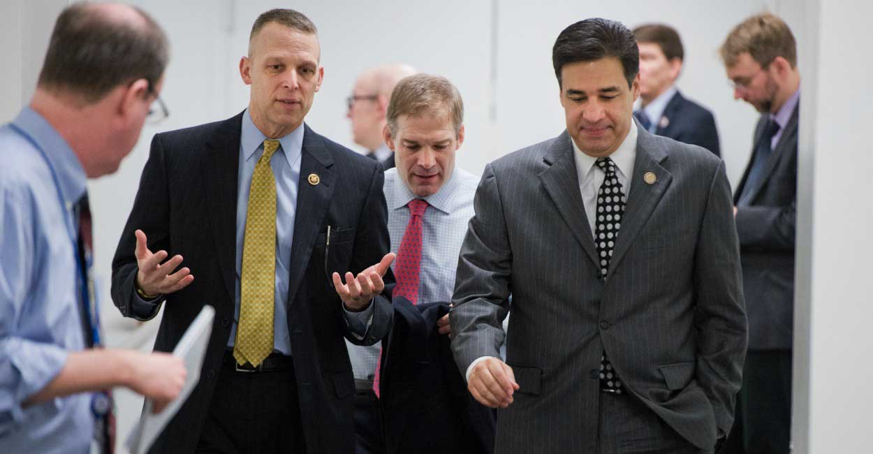 From left, Republican Reps. Scott Perry, Jim Jordan, and Raul Labrador spoke about Obamacare repeal at a monthly press Q&A session. (Photo: Tom Williams/CQ Roll Call/Newscom)