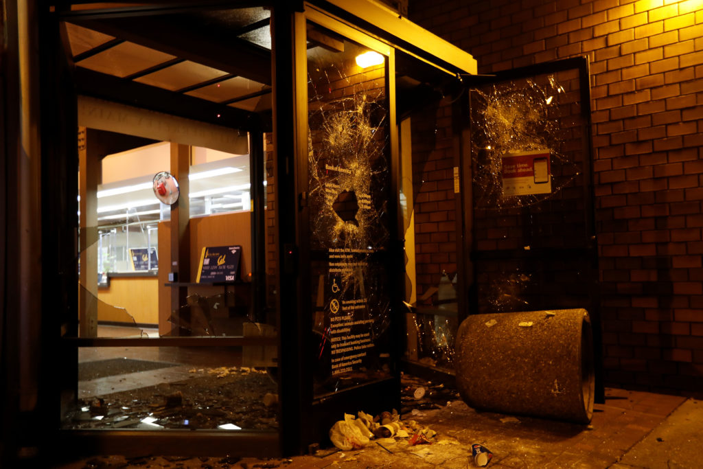 A vandalized Bank of America office is seen after a protest turned violent at UC Berkeley during a demonstration over Yiannopoulos in Berkeley, California. (Photo: Stephen Lam/Reuters/Newscom)