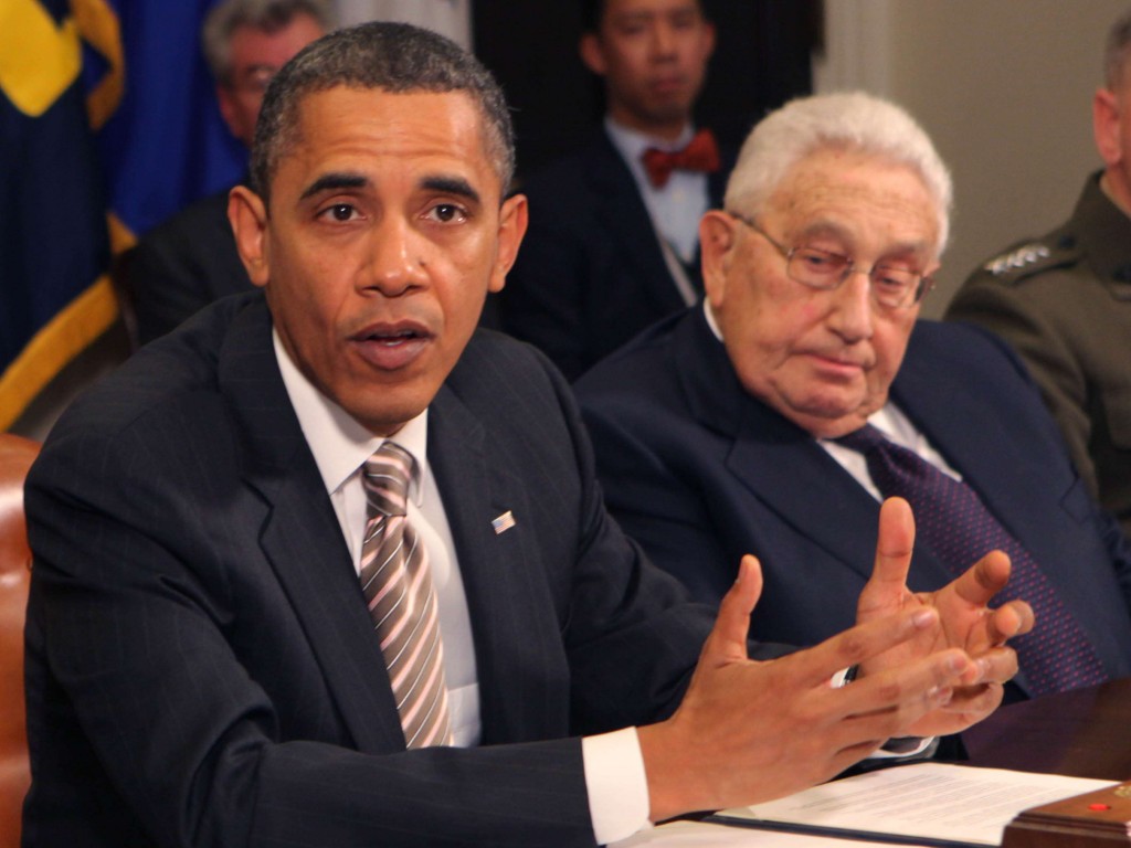 President Obama and Henry Kissinger, former Secretary of State. Photo credit: Dennis Brack/Pool/Sipa Press/secpotusipa.004/1011190005 