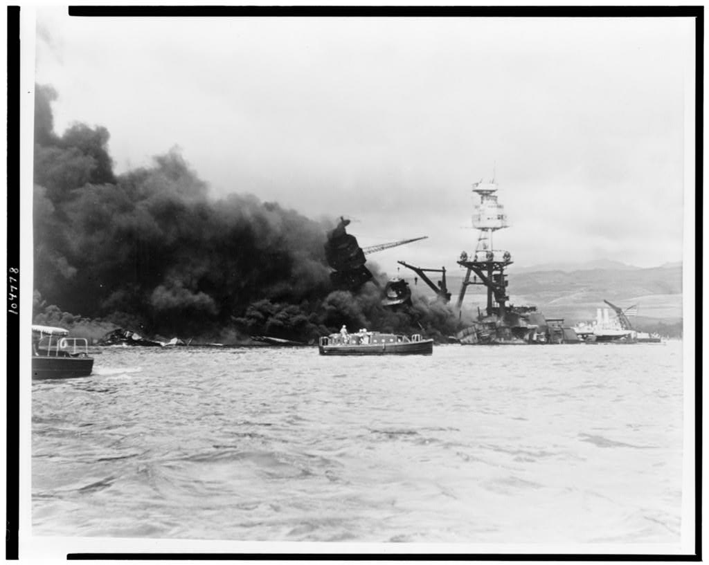 USS Arizona, at height of fire, following Japanese aerial attack on Pearl Harbor. (Photo: Library of Congress Prints and Photographs)
