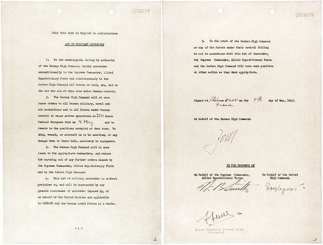This instrument of surrender was signed on May 7, 1945, at Gen. Dwight D. Eisenhower’s headquarters in Rheims by Gen. Alfred Jodl, Chief of Staff of the German Army. At the same time, he signed three other surrender documents, one each for Great Britain, Russia, and France. (Photo: Office of War Information/Licensed under Public Domain)