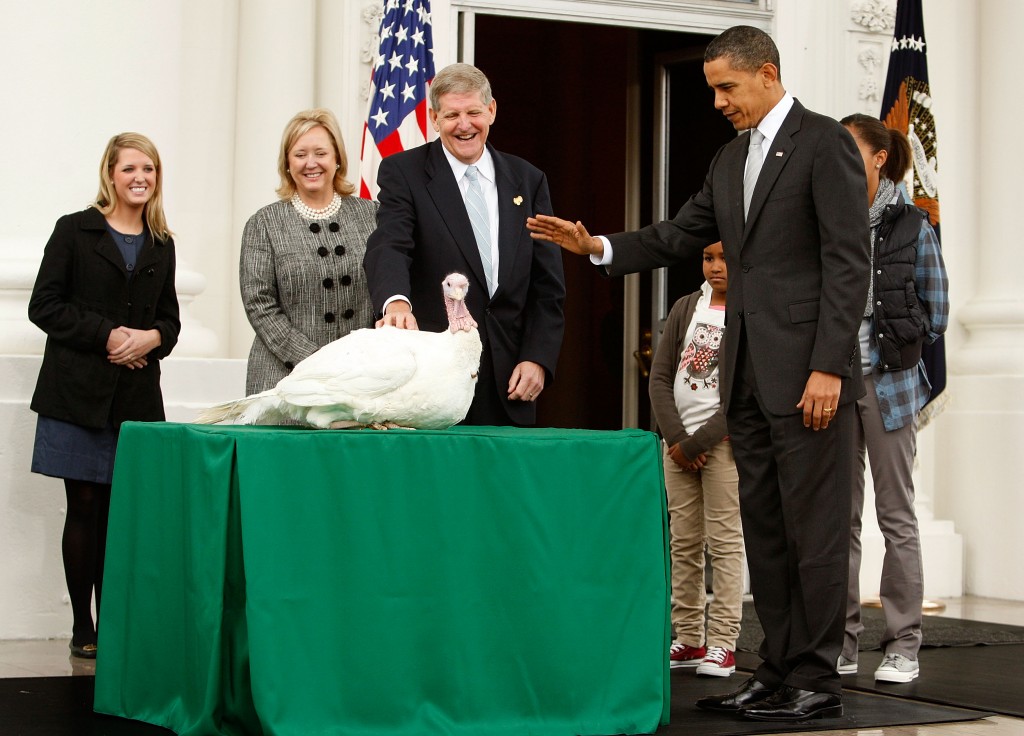 President Barack Obama pardons a turkey named "Courage" as daughter Sasha looks on. (Photo: Alex Wong/Getty Images)