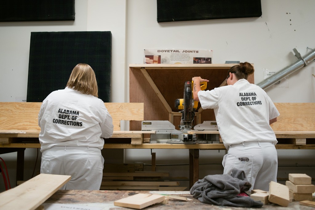 Female residents learn carpentry skills in the wood shop at the Alabama Therapeutic Education Facility, a medium security prison known for its alternative treatment options. (Photo: Bob Miller for The Daily Signal)