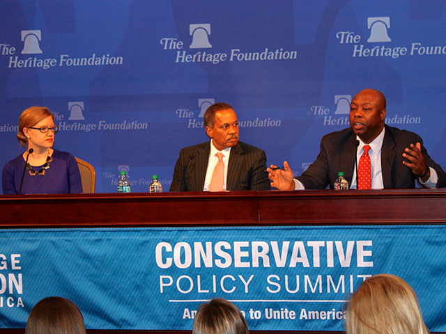 Lindsey Burke, Will Skillman Fellow in Education at The Heritage Foundation, Juan Williams, Political Analyst for FOX News, and Sen. Tim Scott (R-SC) discuss education reform at Heritage Action's Conservative Policy Summit. / K. Harris 