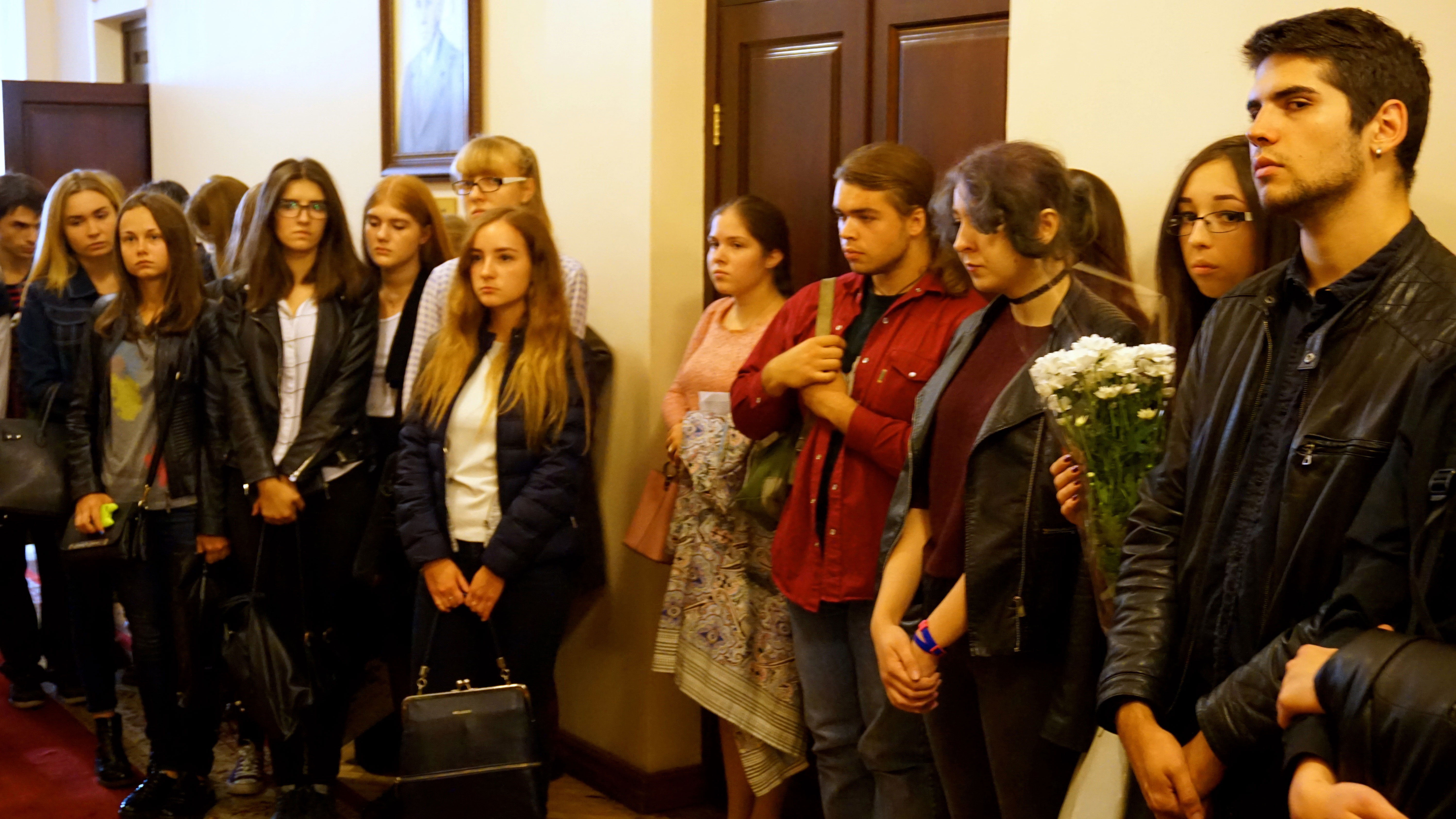 University students gathered for a memorial ceremony to commemorate the two-year anniversary of Sviatoslav Horbenko’s death while fighting in eastern Ukraine. (Photo: Nolan Peterson/The Daily Signal)