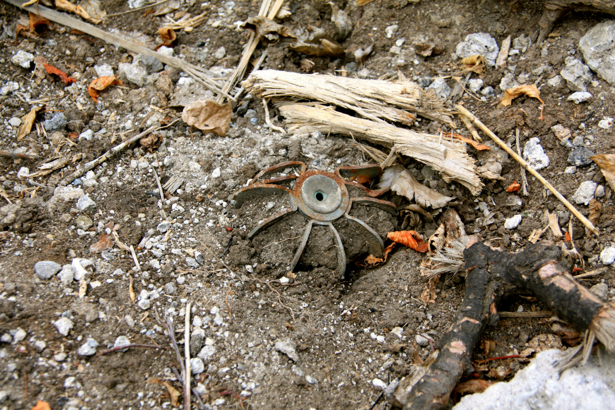 An unexploded mortar at a battlefield in eastern Ukraine.