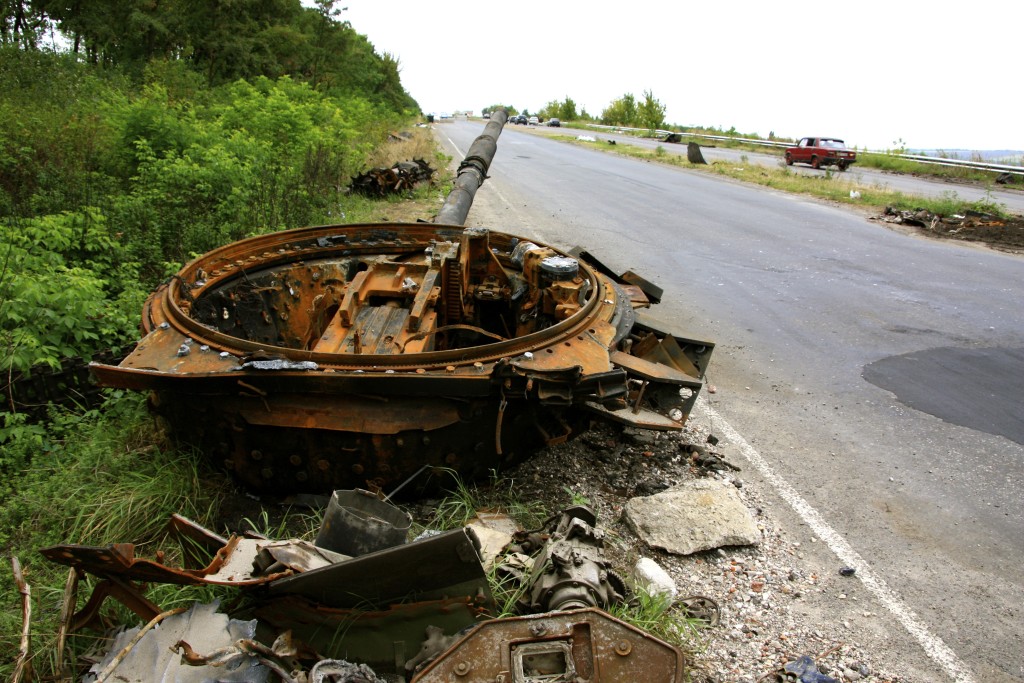 A tank destroyed by a landmine outside Slavyansk. (Photo: Nolan Peterson/The Daily Signal)