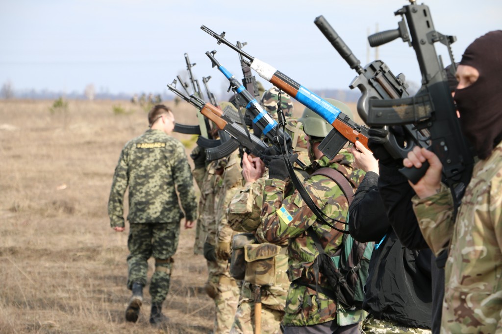 Members of the 318th Kyiv Territorial Defense Battalion at a training exercise outside Kyiv in March. (Photo: Nolan Peterson/The Daily Signal)