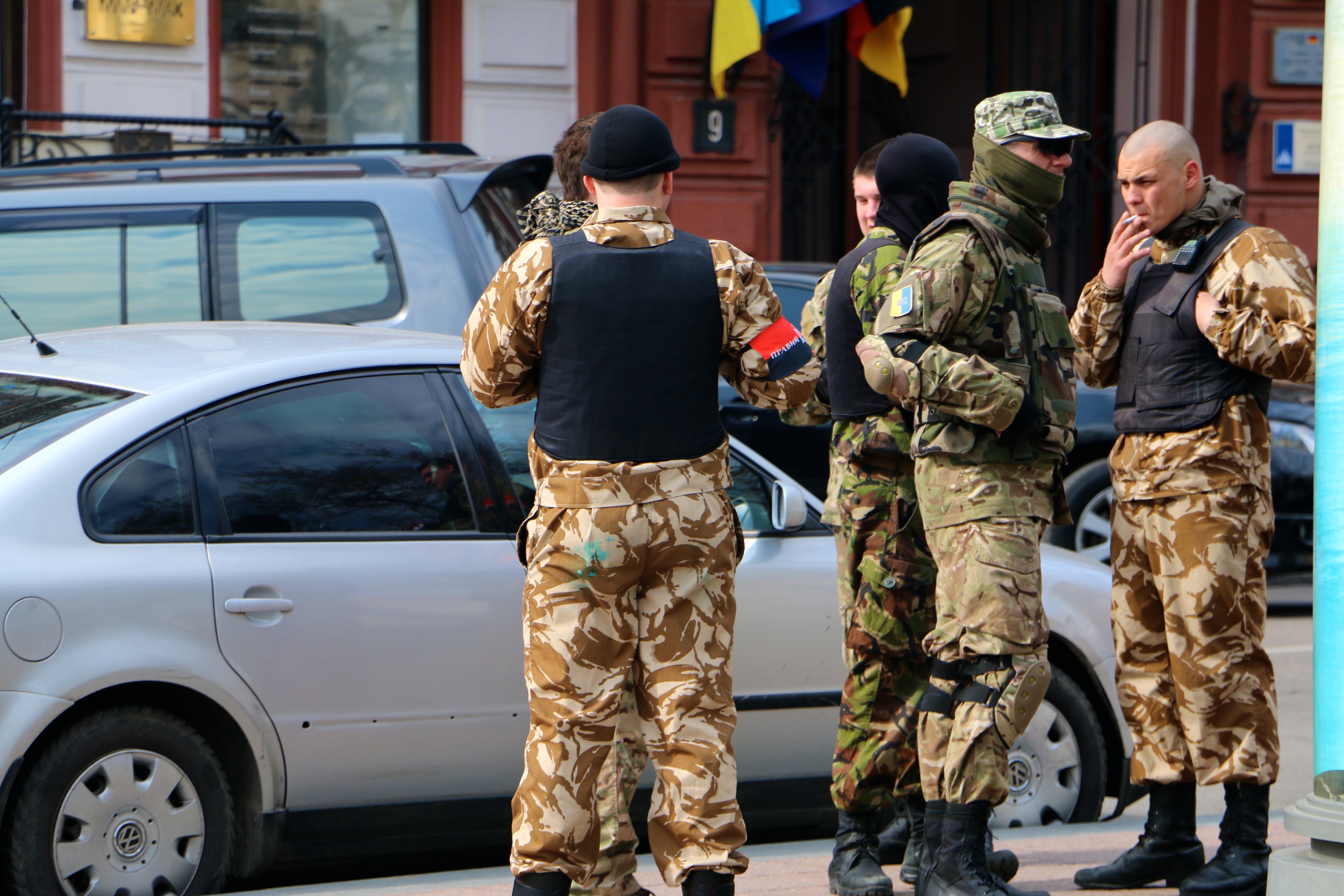 Volunteer battalion soldiers in central Odessa on April 16. (Photo: Nolan Peterson/The Daily Signal)