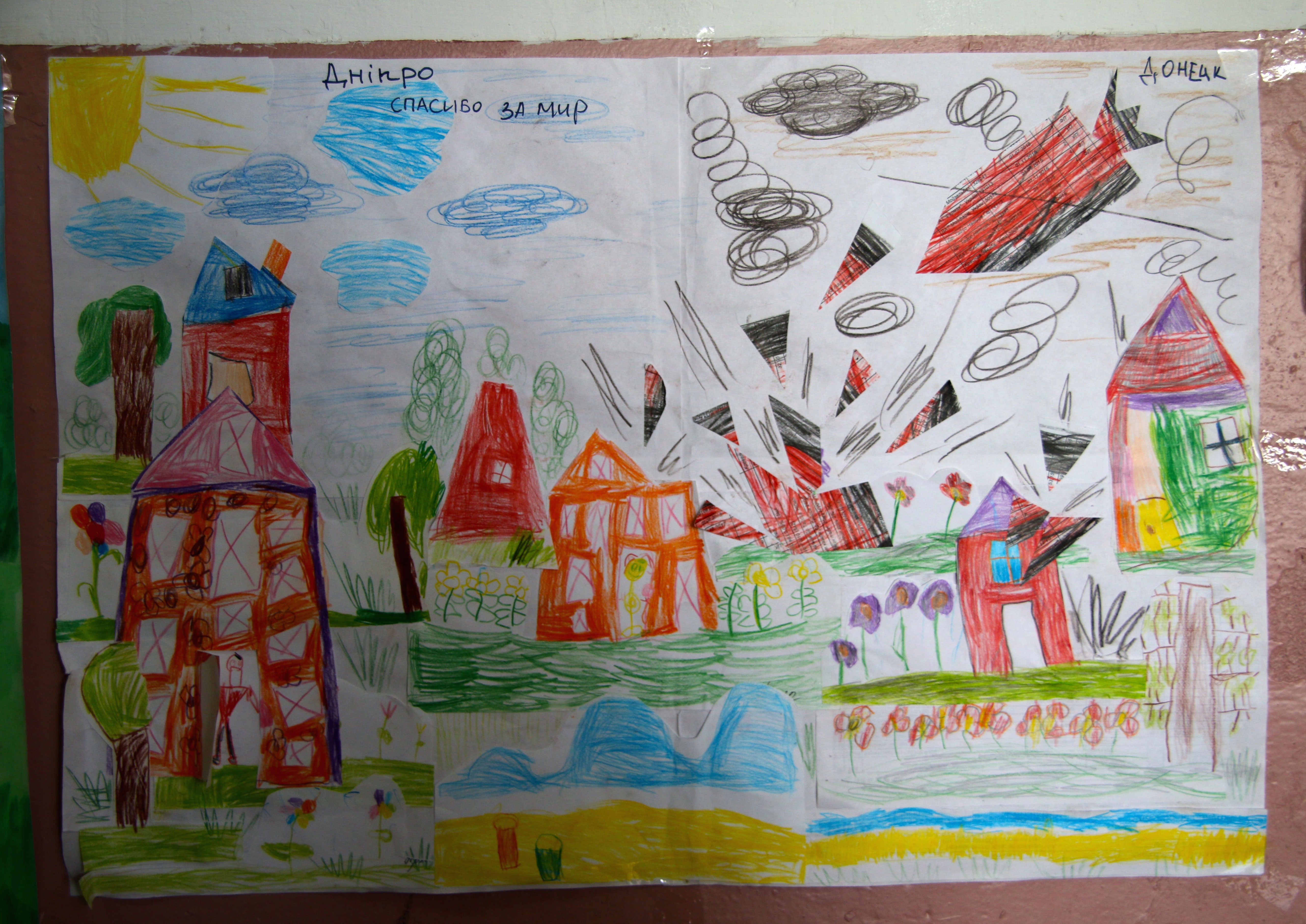 A child’s drawing hangs in the hallway of a military hospital outside the Ukrainian city of Dnipro.