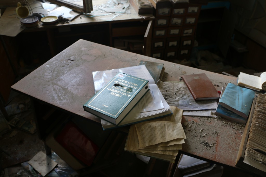 A destroyed library in Pisky. (Photo: Nolan Peterson/The Daily Signal)