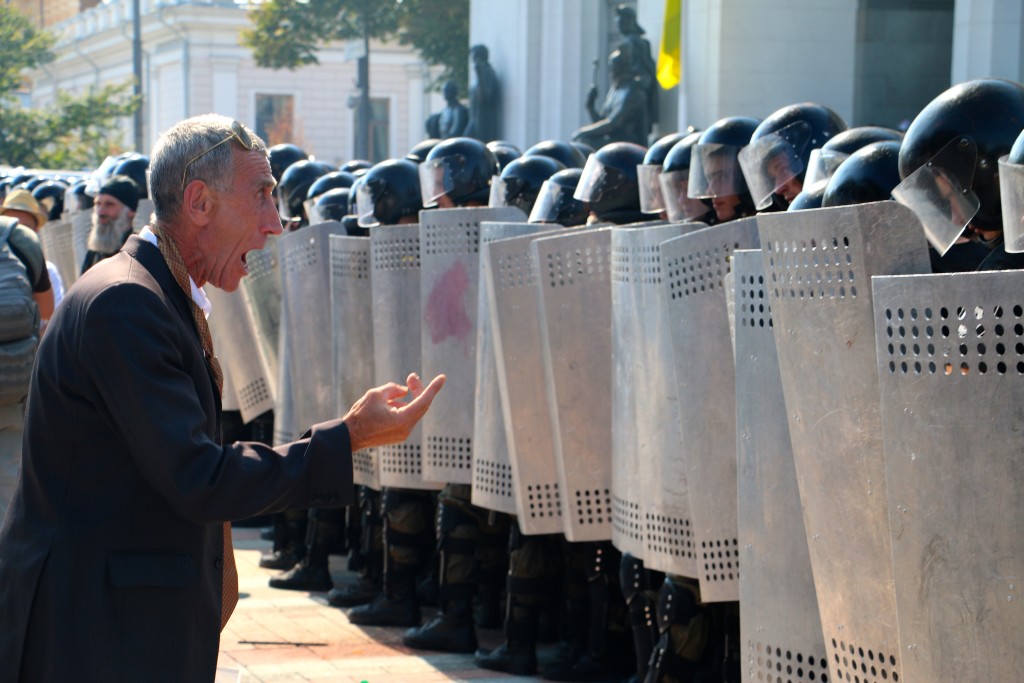 Law enforcement personnel, including National Guard soldiers, in riot gear barred the entrance to Ukraine’s parliament. (Photo: Nolan Peterson/The Daily Signal)