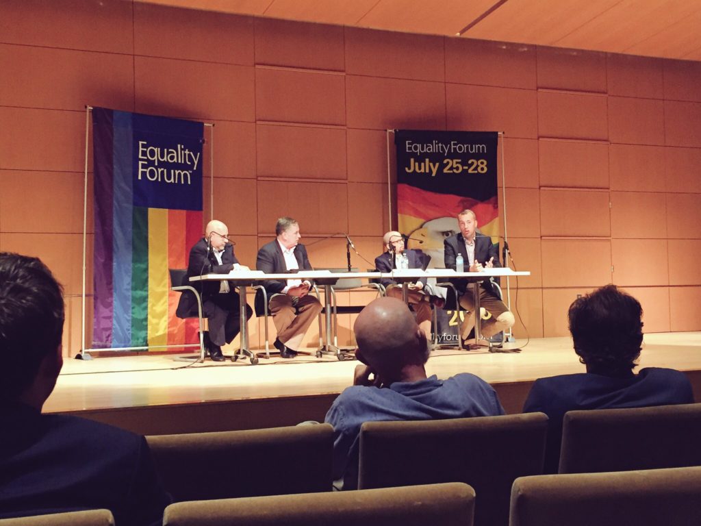 Guests speak on the "Future of the Movement" panel on July 28, 2016 in Philadelphia, Pa. Sitting from left to right: Evan Wolfson, former president of Freedom to Marry, Kevin Jennings, executive director of the Arcus Foundation, Jay Brown, communications director for the Human Rights Campaign, and moderator Kevin Naff, editor and co-owner of the Washington Blade. (Photo: The Daily Signal)
