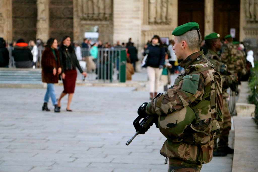 French soldiers on guard in front of Notre Dame. (Photo: Nolan Peterson/The Daily Signal)