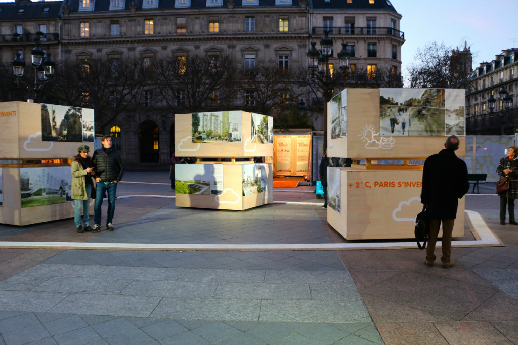 Exhibits of technology to counter climate change outside Hôtel de Ville in central Paris. (Photo: Nolan Peterson/The Daily Signal)