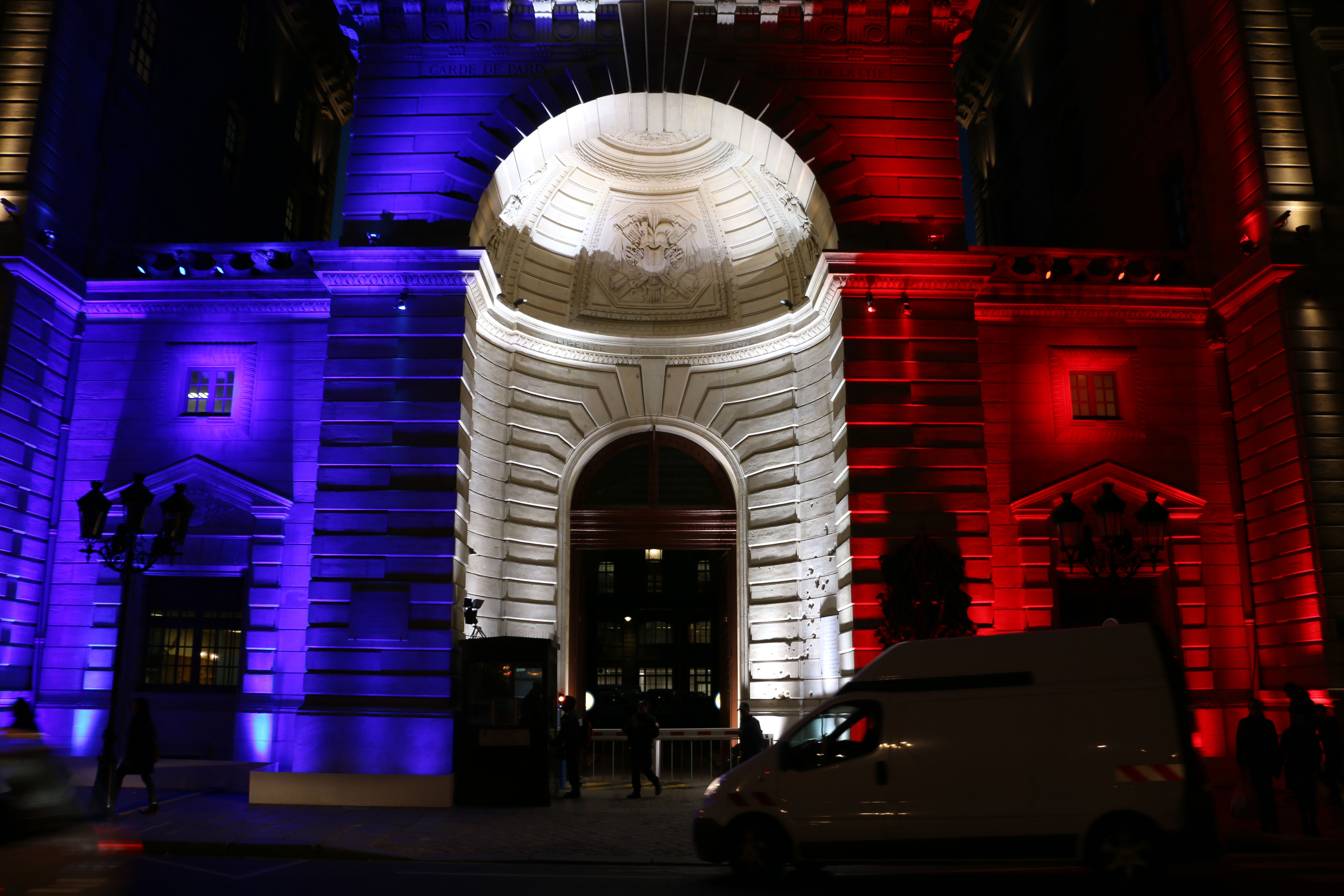 A building lit up in France’s national colors in November 2015, days after a deadly terror attack. (Photo: Nolan Peterson/The Daily Signal)