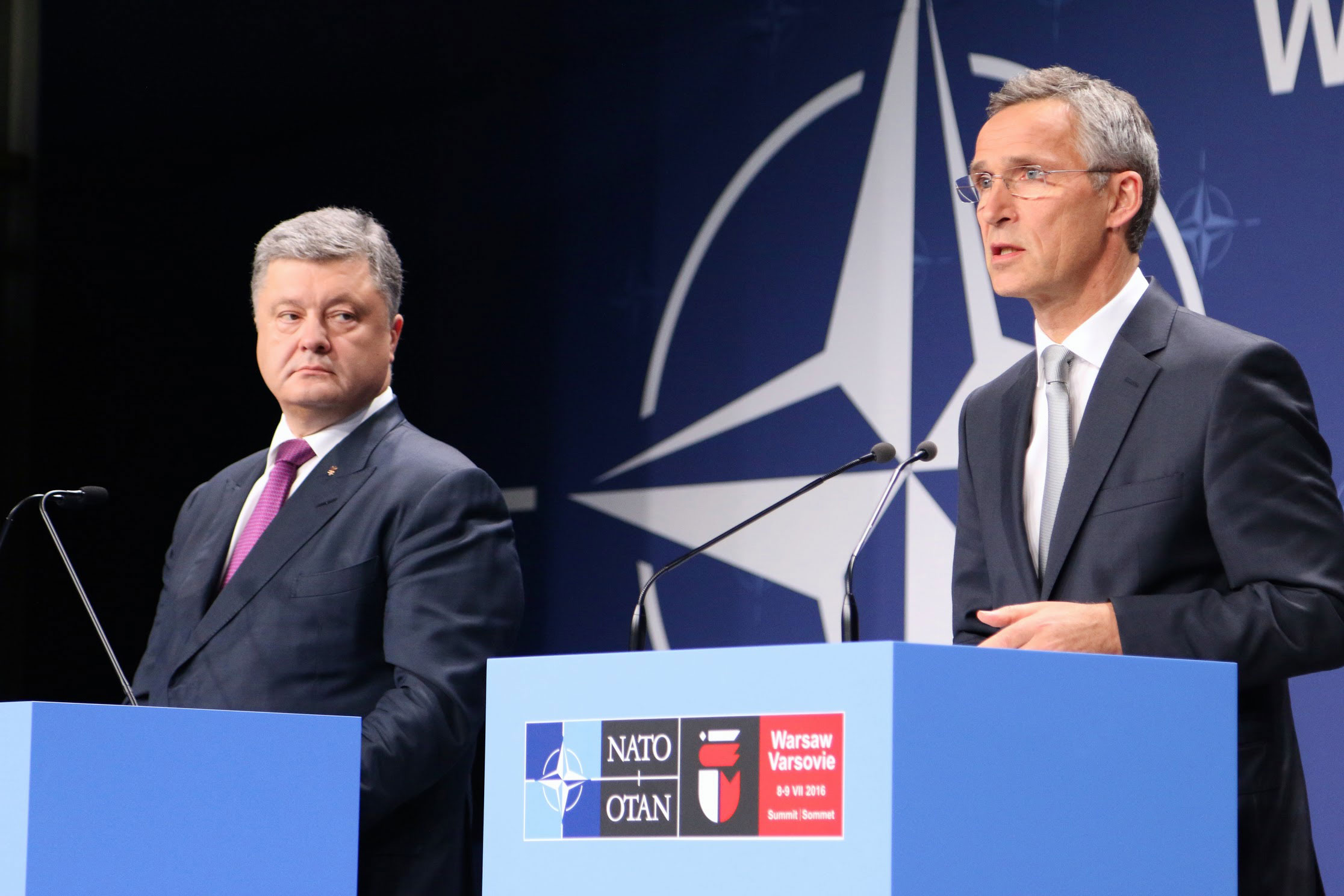 Ukrainian President Petro Poroshenko (left) speaks alongside NATO Secretary General Jens Stoltenberg at the July 2016 NATO summit in Warsaw, Poland. (Photos: Nolan Peterson/The Daily Signal)