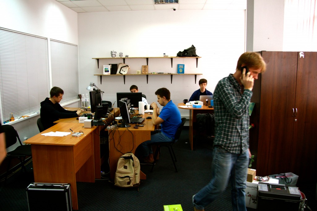 The team at work inside the Kyiv IT Academy drone facility. (Photo: Nolan Peterson/The Daily Signal)