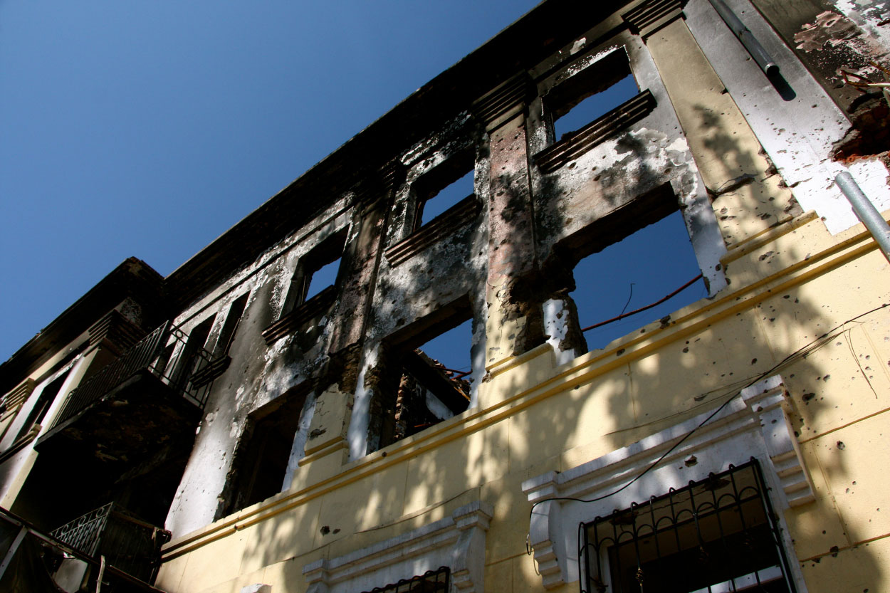 Battle damage in central Mariupol from a brief separatist takeover of the city in 2014.