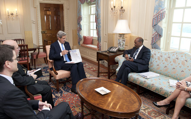 U.S. Secretary of State John Kerry meets with Daniel Yohannes, CEO of the Millennium Challenge Corporation (State Department/Sipa USA/Newscom)