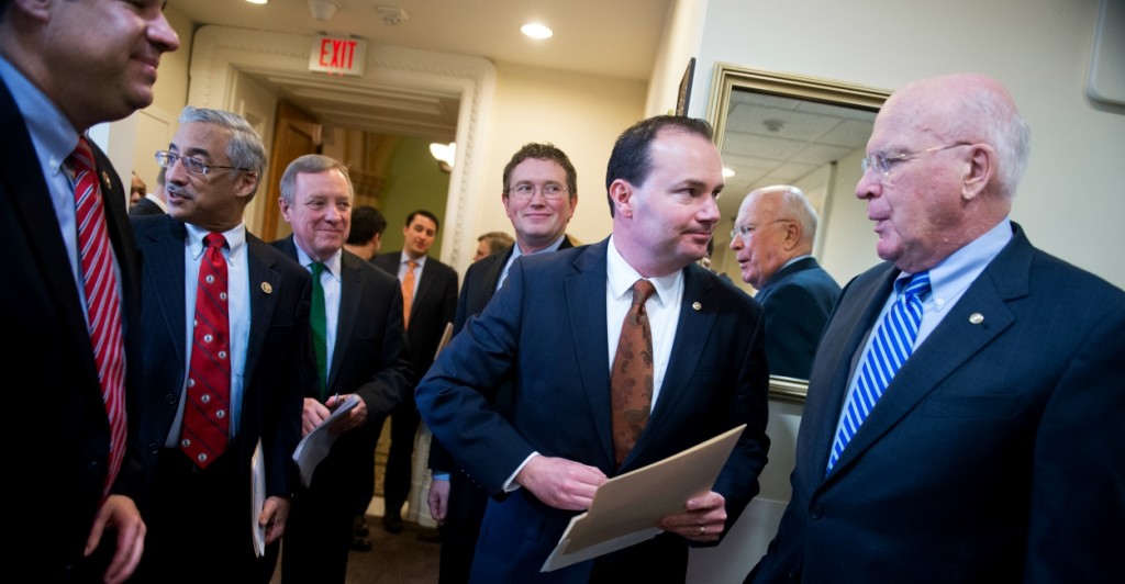 A bipartisan group of senators, including Mike Lee, R-Utah and Dick Durbin, D-Ill., reached a deal on their own reform bill last week. (Photo By Tom Williams/CQ Roll Call)