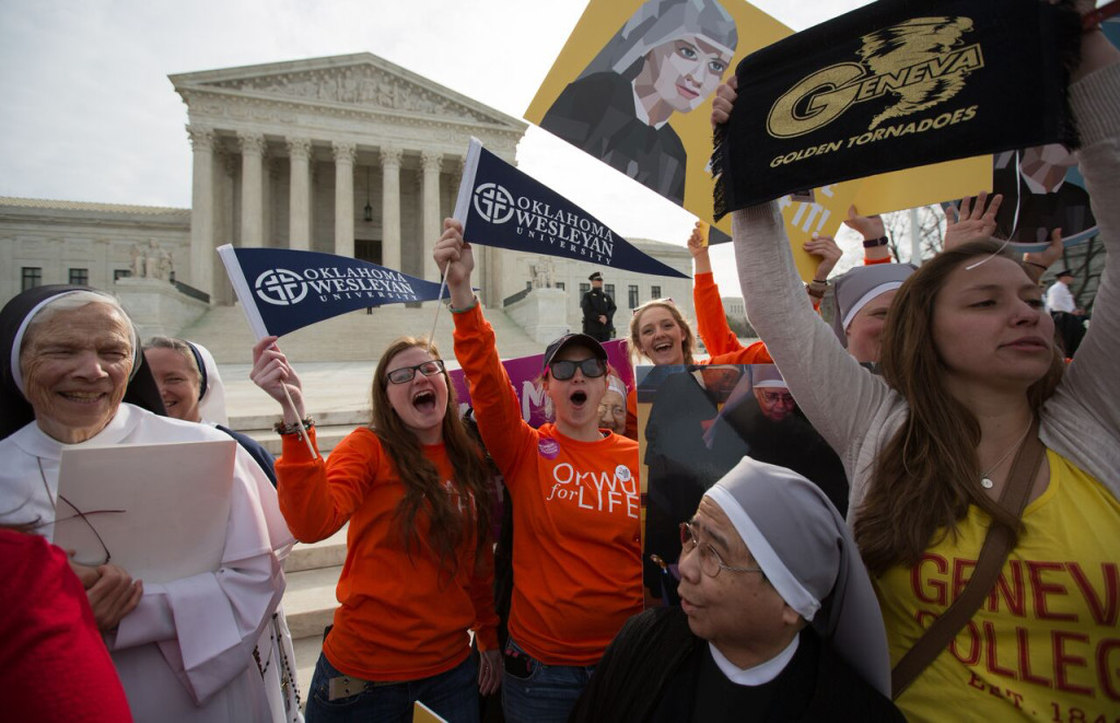 Students from Oklahoma Wesleyan University and Geneva College join hands with nuns in opposing what's been coined the "Obamacare contraceptive mandate." Both schools are being represented before the Supreme Court by the legal group Alliance Defending Freedom. (Photo: Alliance Defending Freedom)