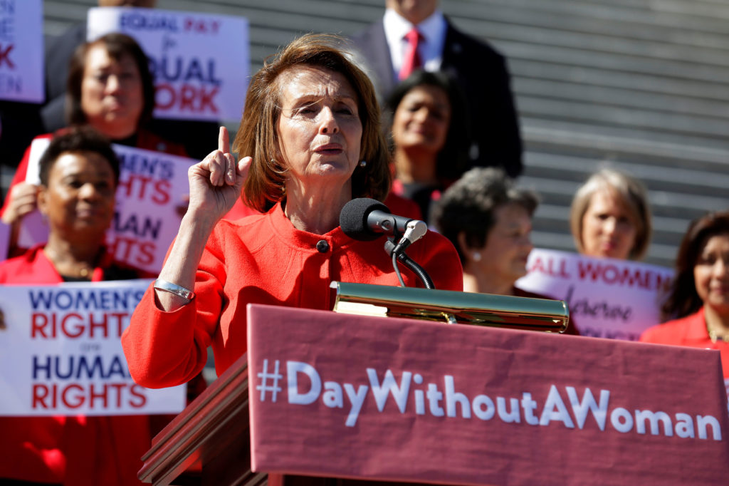 House Minority Leader Nancy Pelosi, D-Calif., speaks to supporters during the 'Day Without a Woman' gathering outside the U.S. Capitol, March 8, 2017. (Photo: Joshua Roberts/Reuters/Newscom)