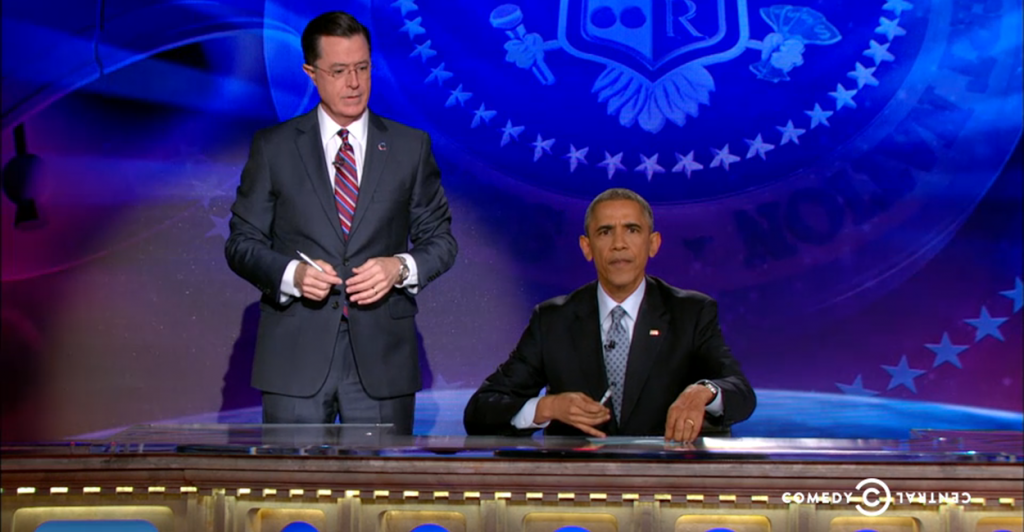Colbert to Obama: ‘Why did you burn the Constitution and become an emperor?’ (Photo: YouTube)