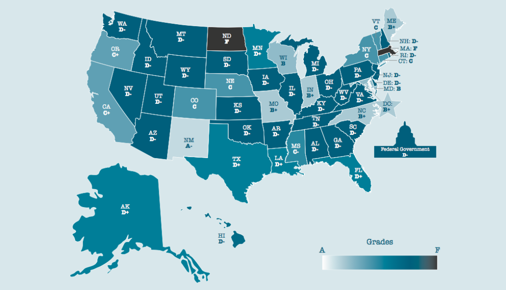 In the Institute for Justice's second annual "Policing for Profit" report, 35 states earned grades of a D+ or worse for their forfeiture laws while only 14 states and Washington, D.C., received grades of C or better. (Photo: Institute for Justice)