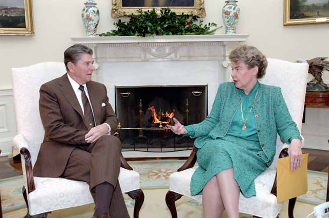 President Reagan meeting with Jeane Kirkpatrick in the Oval Office in 1984. Photo credit: White House Photo, courtesy Reagan Library