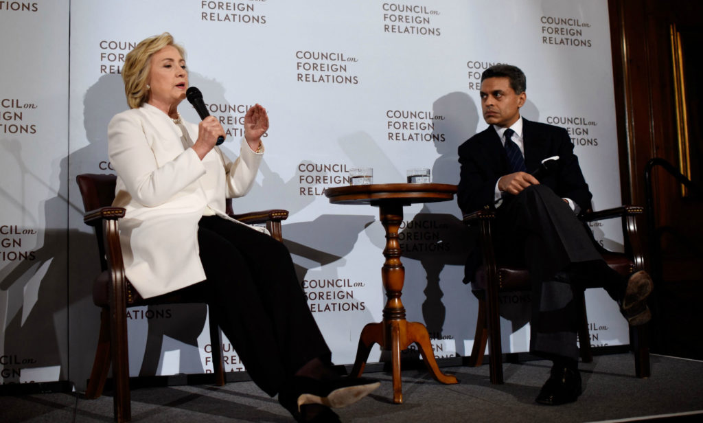 Then-presidential candidate Hillary Clinton, left, talks with Fareed Zakaria, right, after speaking at the Council on Foreign Relations in New York. (Photo: Justin Lane/Epa/Newscom)