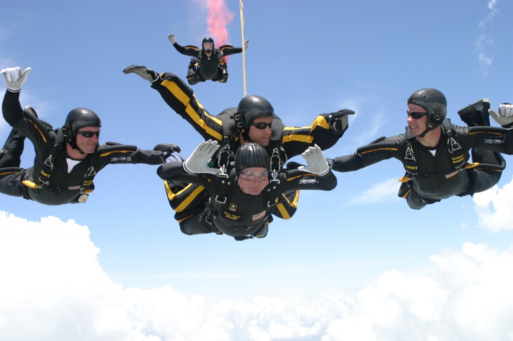 Former United States President George H.W. Bush jumps with the United States Army Golden Knights Parachute Team at the Bush Presidential Library near Houston, Texas on June 13, 2004 to celebrate his his 80th birthday.  His jump was witnessed by 4,000 people including Actor and martial-arts expert Chuck Norris and Fox News Washington commentator Brit Hume.  Both also participated in celebrity tandem jumps as part of the event.  Bush made the jump harnessed to Staff Sergeant  Bryan Schell of the Golden Knights. Bush was reportedly contemplating a free-fall jump, but officials said the wind conditions and low cloud cover made it too risky.  Former Soviet President Mikhail Gorbachev was also on site. He was reportedly invited by Bush to join the jump, but said he had never parachuted and was too old to start. (Photo: Photo by  US Army via CNP/ABACAUSA.COM)