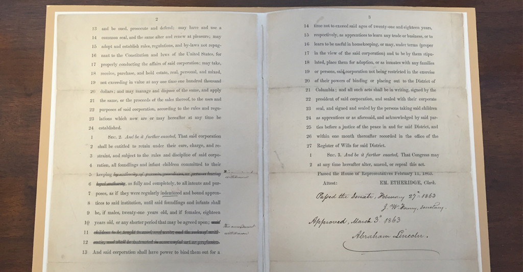 One of two original copies of the congressional act incorporating St. Ann's in 1863. (Photo: Madaline Donnelly/The Daily Signal)